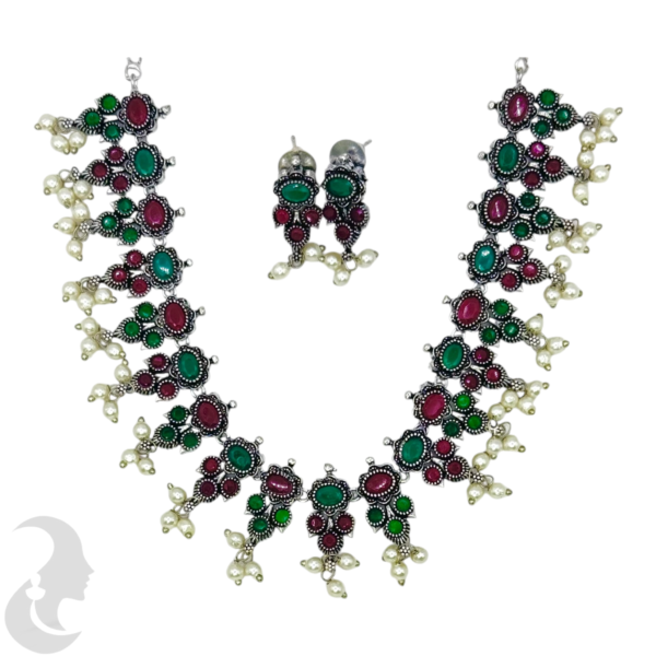 Black Silver- Green Color & Ruby Color Stones- Studs, Product Code: V-1314