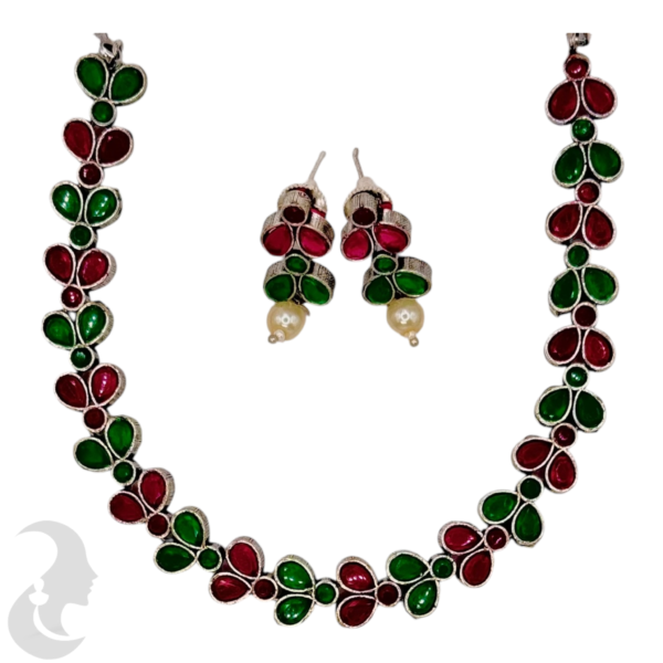 Black Silver- Ruby & Green Color Stones- Leaf Design- Studs, Product Code: V-1316