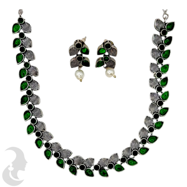 Black Silver- Green Color Stones- Leaf Design- Studs, Product Code: V-1319