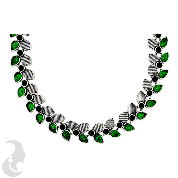 Black Silver- Green Color Stones- Leaf Design- Studs, Product Code: V-1319 - Image 2