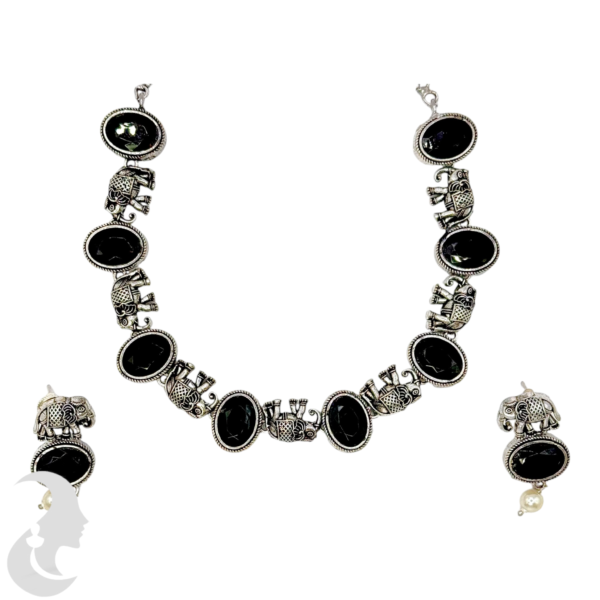 Black Silver- Black Color Stones- Elephant Design- Studs, Product Code: V-1321