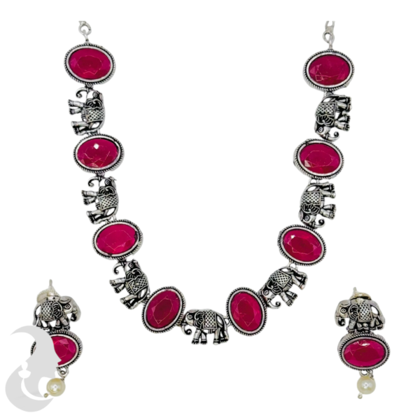 Black Silver- Pink Color Stones- Elephant Design- Elephant Studs, Product Code: V-1322