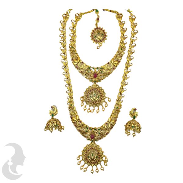 Combo Necklace- Green & Ruby Color Stones- Jhumkas, Product Code: V-1037