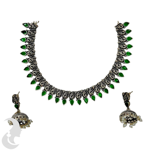 Black Silver- Green Color Stones- Mango Design- Jhumkas, Product Code: V-1323