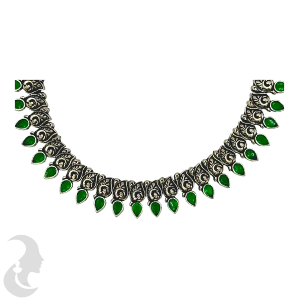 Black Silver- Green Color Stones- Mango Design- Jhumkas, Product Code: V-1323 - Image 2