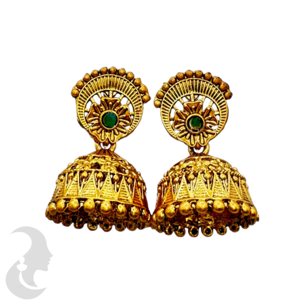 Gold Jhumkas- Green Color Stones, Product Code: V-1329