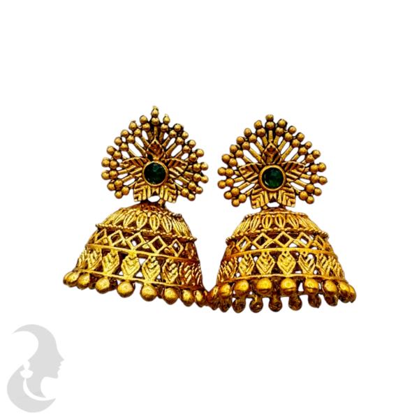 Gold Jhumkas- Green Color Stones, Product Code: V-1330