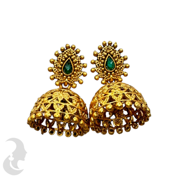 Gold Jhumkas- Green Color Stones, Product Code: V-1331