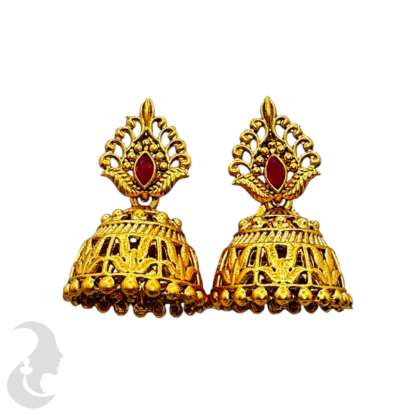 Gold Jhumkas- Ruby Color Stones, Product Code: V-1332