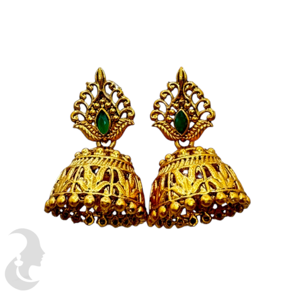 Gold Jhumkas- Green Color Stones, Product Code: V-1333