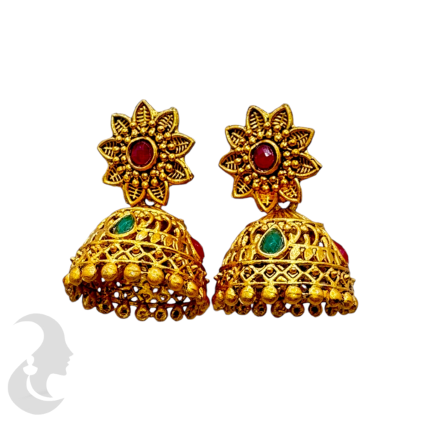 Gold Jhumkas- Ruby & Green Color Stones, Product Code: V-1334