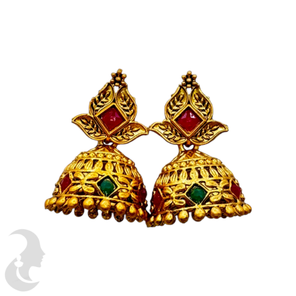 Gold Jhumkas- Ruby & Green Color Stones, Product Code: V-1337