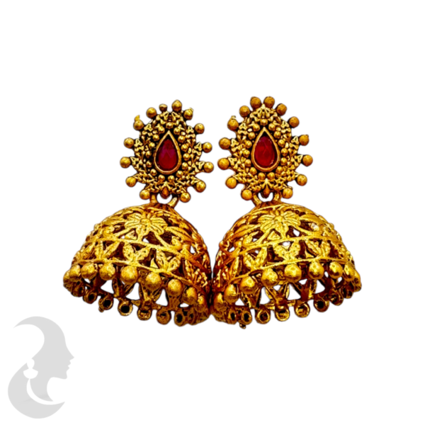 Gold Jhumkas- Ruby Color Stones, Product Code: V-1338