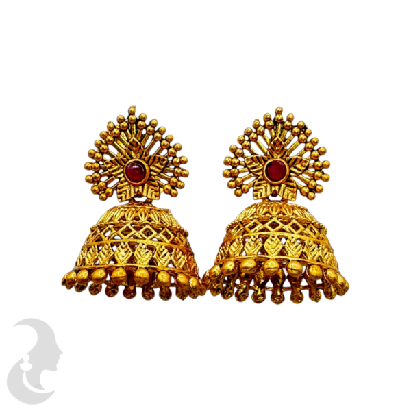 Gold Jhumkas- Red Stones, Product Code: V-1340