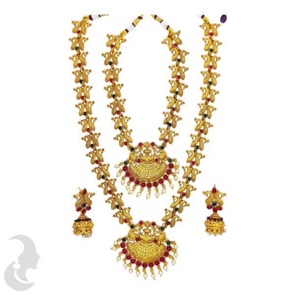 Combo Necklace- Lakshmi Pendant- Peacock Design- Green & Ruby Color Stones- Jhumkas, Product Code: V-1039