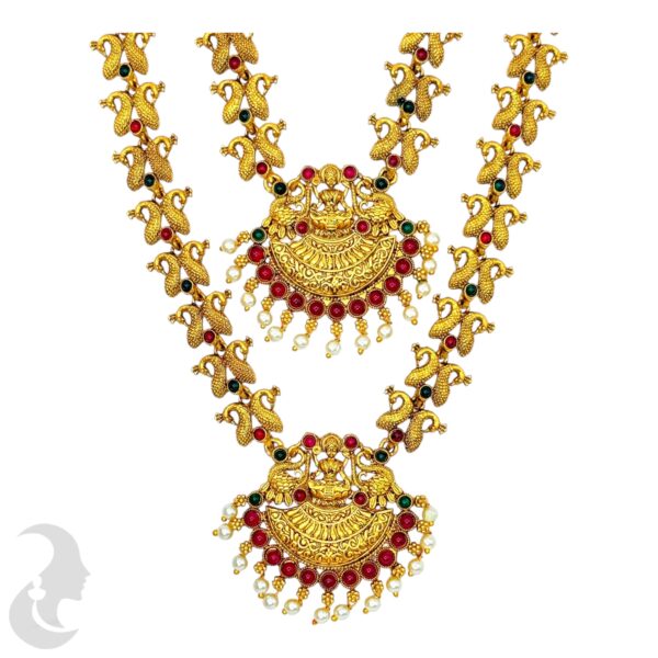 Combo Necklace- Lakshmi Pendant- Peacock Design- Green & Ruby Color Stones- Jhumkas, Product Code: V-1039 - Image 2