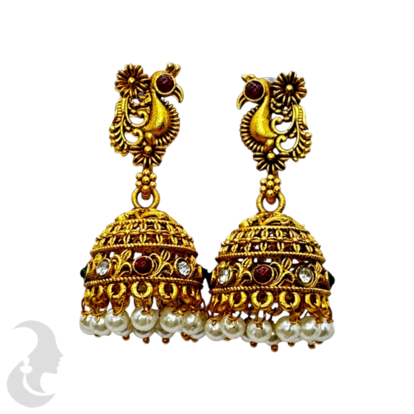 Fashion Jhumka-Green Color, Ruby Color & Plain Stones- Peacock Design, Product Code: V-1344