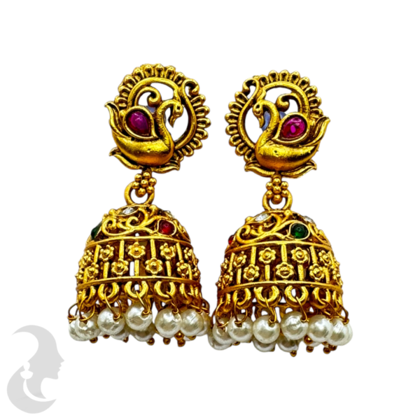 Fashion Jhumka-Green Color, Ruby Color & Plain Stones- Peacock Design, Product Code: V-1345