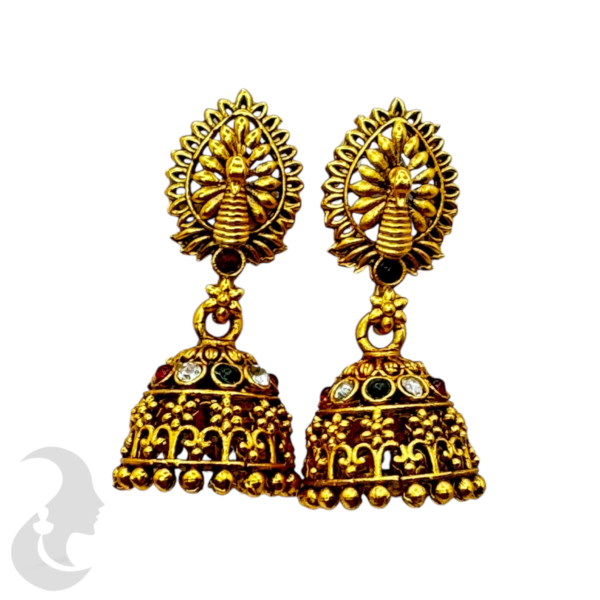 Fashion Jhumka-Green Color, Ruby Color, & Plain Stones- Peacock Design, Product Code: V-1349