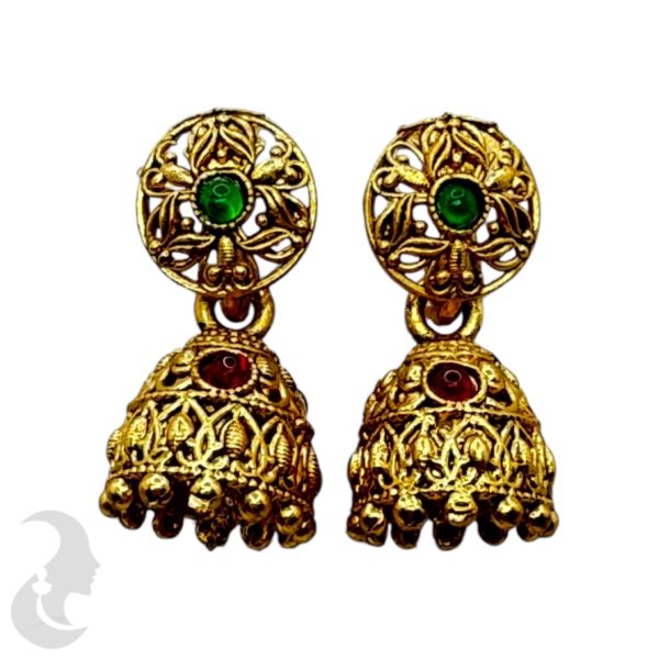 Fashion Small Jhumka- Ruby & Green Color Stones- Peacock Design, Product Code: V-1354