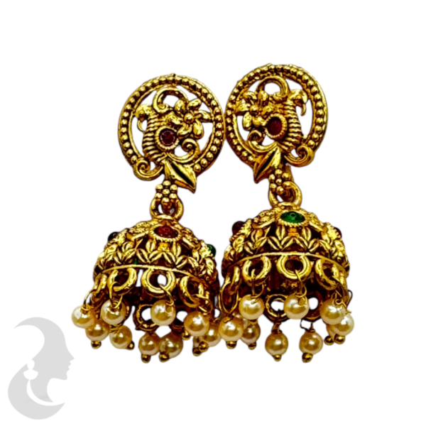 Fashion Jhumka- Ruby & Green Color Stones- Peacock Design, Product Code: V-1359