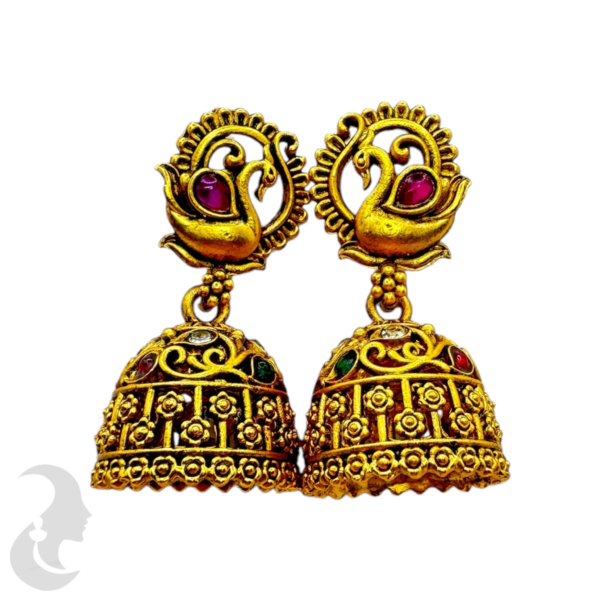 Fashion Big Jhumkas- Peacock Design- Ruby Color, Plain & Green Color Stones With Gold Hangings, Product Code: V-1361