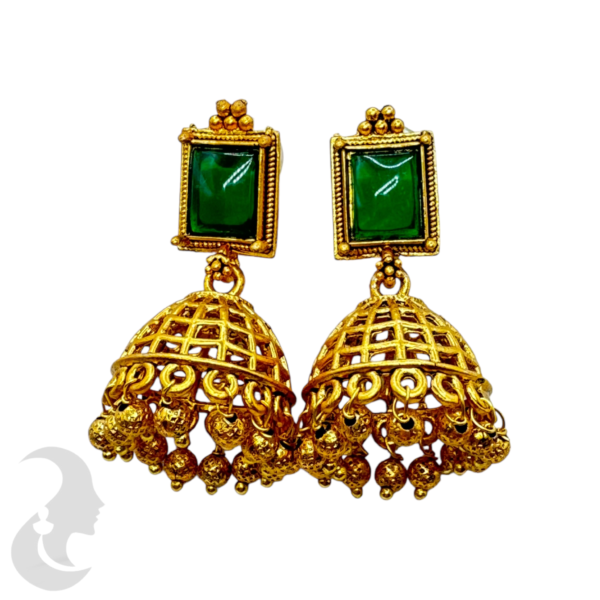 Fashion Jhumka- Green Color Stones, Product Code: V-1362