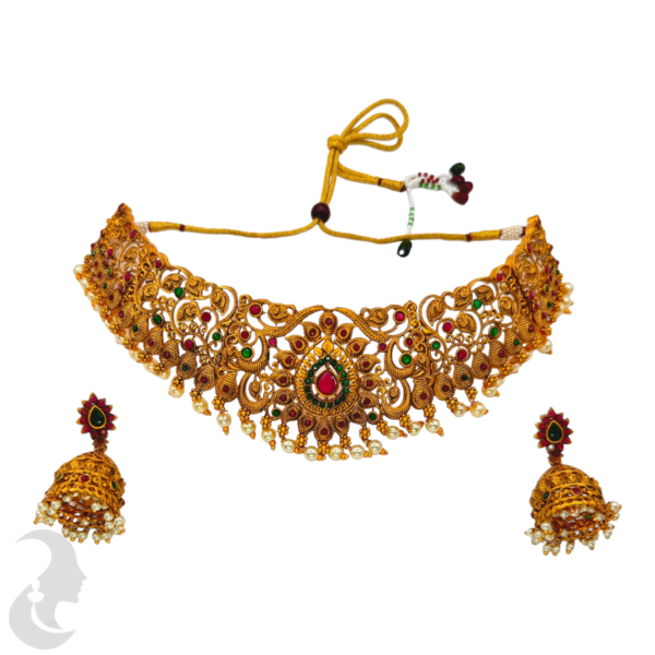 Antique Big Choker- Green & Ruby Color Stones- Jhumkas, Product Code: V-1041