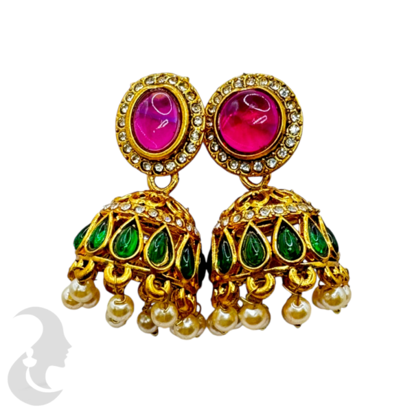 Fashion Jhumka- Green Color, Ruby Color & White Stones, Product Code: V-1364