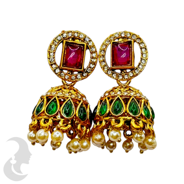 Fashion Jhumka- Green Color, Ruby Color & White Stones, Product Code: V-1365