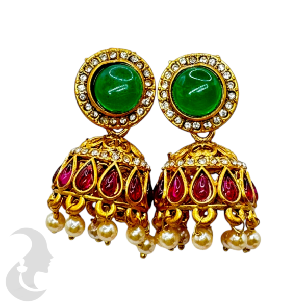 Fashion Jhumka- Green Color, Ruby Color & White Stones, Product Code: V-1368