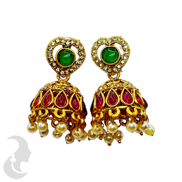 Fashion Jhumka- Green Color, Ruby Color & White Stones, Product Code: V-1369