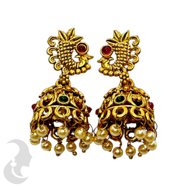 Fashion Jhumka- Peacock Design- Green Color & Ruby Color Stones, Product Code: V-1370