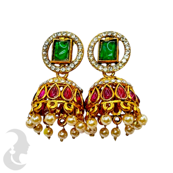 Fashion Jhumka- Green Color, Ruby Color & White Stones, Product Code: V-1372