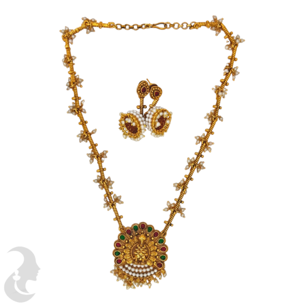 Unique Design Necklace- Green & Ruby Color Stones- Peacock Pendant- Jhumkas, Product Code: V-1042