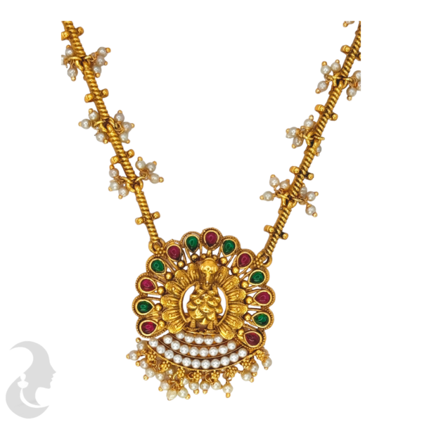 Unique Design Necklace- Green & Ruby Color Stones- Peacock Pendant- Jhumkas, Product Code: V-1042 - Image 2