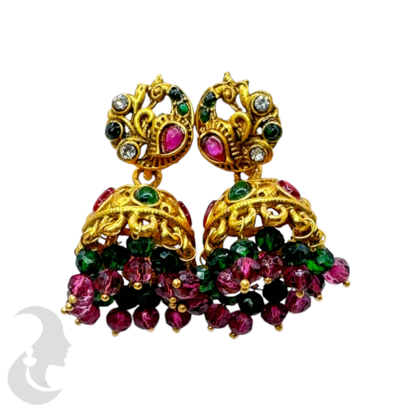 Fashion Jhumka- Green Color & Ruby Color Hangings- Green Color & Ruby Color Stones - Peacock Design, Product Code: V-1379