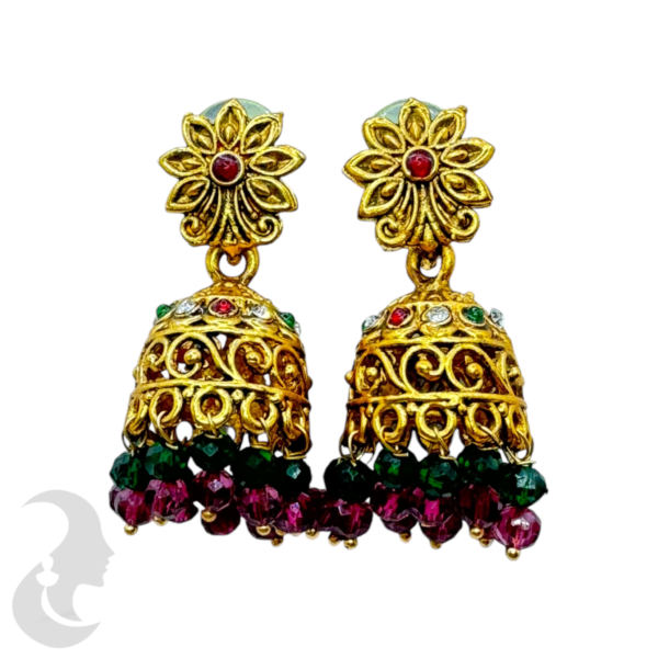 Fashion Jhumka- Green Color & Ruby Color Hangings- Green Color, Plain & Ruby Color Stones - Flower Design, Product Code: V-1380