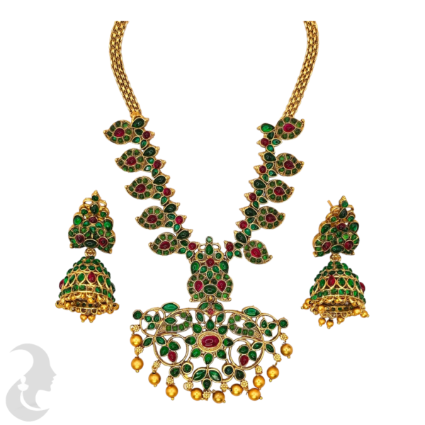 Mango Necklace- Green & Ruby Color Stones - Jhumkas, Product Code: V-1043