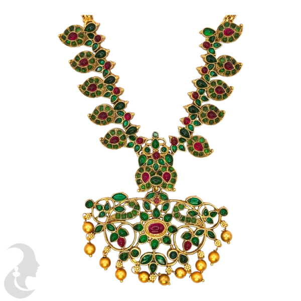 Mango Necklace- Green & Ruby Color Stones - Jhumkas, Product Code: V-1043 - Image 2