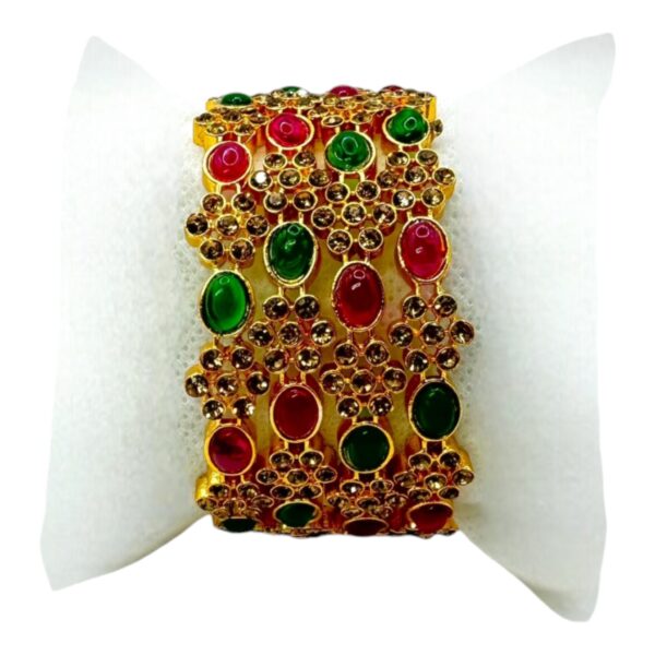 Gold Bangles- Green Color And Ruby Color Stones- Flower Design- 4 Bangles Set. Product Code:  V-1384