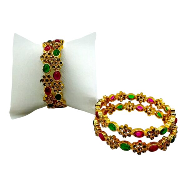 Gold Bangles- Green Color And Ruby Color Stones- Flower Design- 4 Bangles Set. Product Code:  V-1384 - Image 2