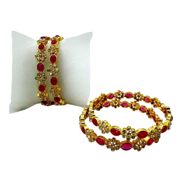 Gold Bangles- Ruby Color Stones- Flower Design- 4 Bangles Set. Product Code:  V-1385