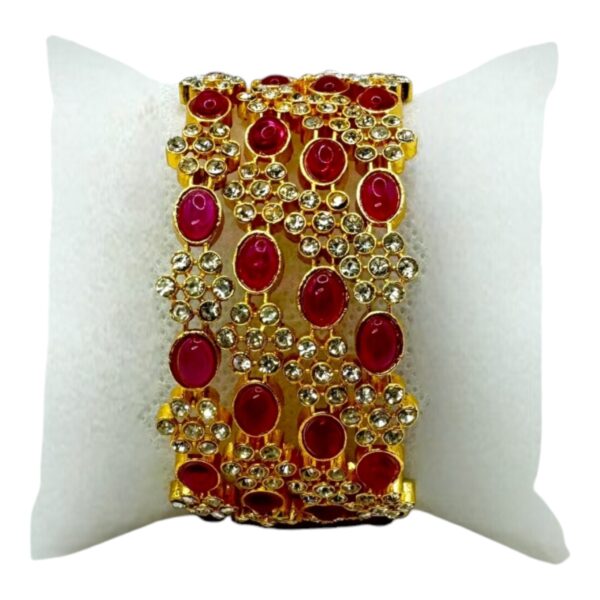 Gold Bangles- Ruby Color Stones- Flower Design- 4 Bangles Set. Product Code:  V-1385 - Image 2