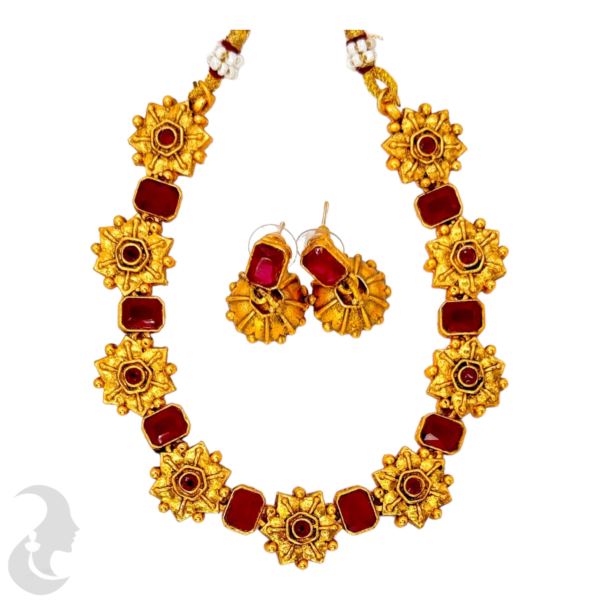 Flower Design- Ruby Color Stones- Jhumkas, Product Code: V-1044