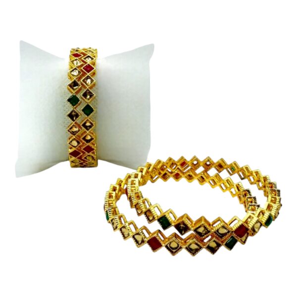 Gold Bangles- Ruby Color, Plain And Green Color Stones- Diamond Design- 4 Bangles Set. Product Code:  V-1386