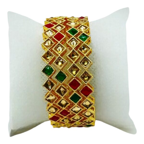 Gold Bangles- Ruby Color, Plain And Green Color Stones- Diamond Design- 4 Bangles Set. Product Code:  V-1386 - Image 2