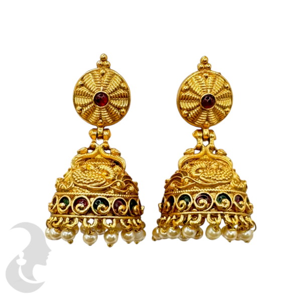 Gold Jhumka- Peacock Design- Ruby & Green Color Stone, Product Code: V-1045