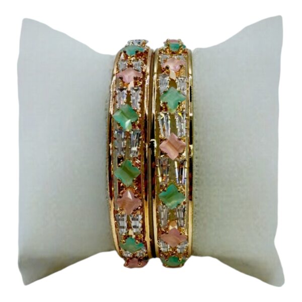 AD Bangles- Mint And Pink Stones- 2 Bangles Set. Product Code:  V-1389