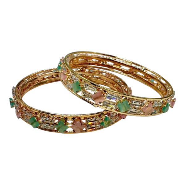 AD Bangles- Mint And Pink Stones- 2 Bangles Set. Product Code:  V-1389 - Image 2